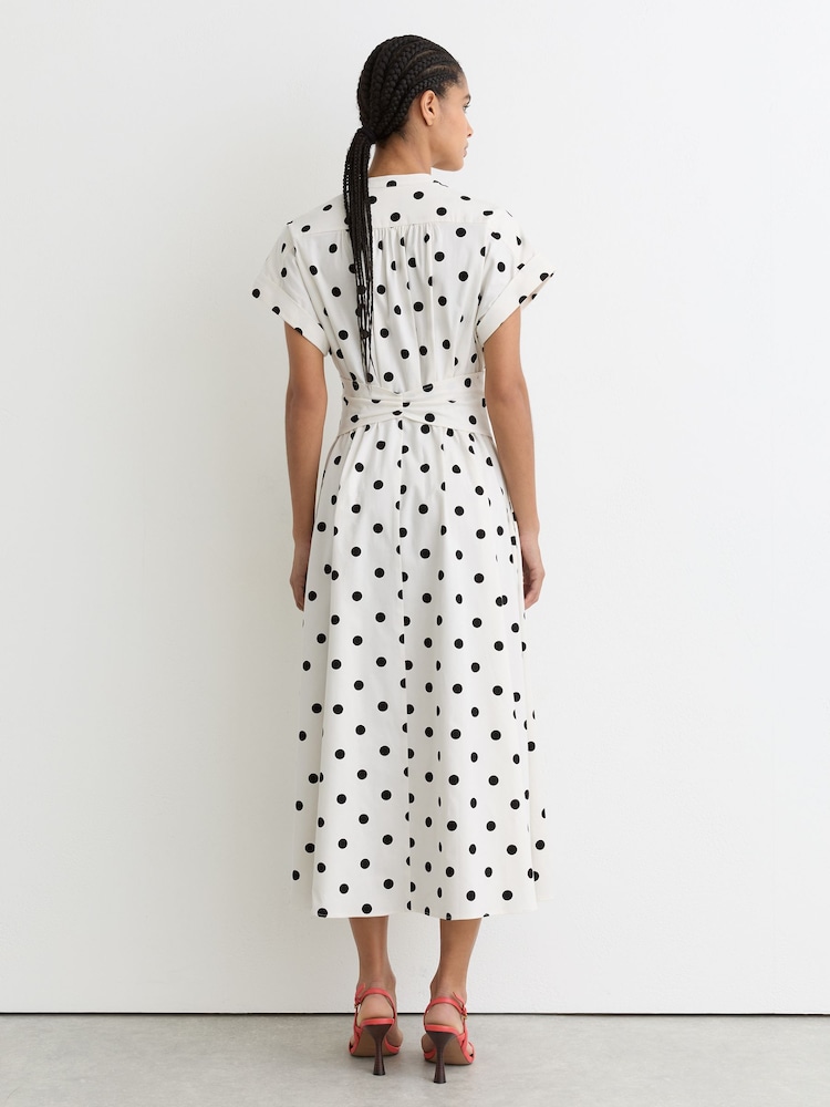 Reiss Sawyer Cotton Polka-Dot Belted Midi Dress - Black/Ivory