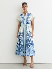 Reiss Blue/Ivory Sawyer Cotton Floral Belted Midi Dress with Stretch - Image 1 of 6