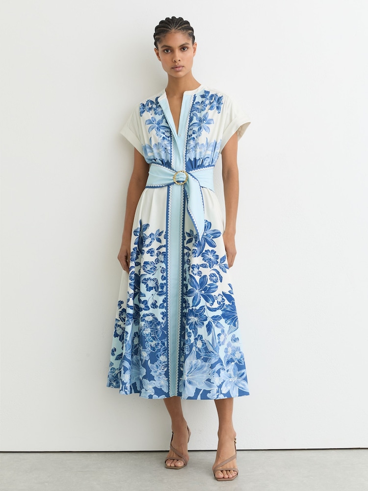 Reiss Blue/Ivory Sawyer Cotton Floral Belted Midi Dress with Stretch - Image 1 of 6