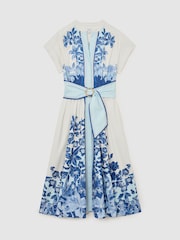 Reiss Blue/Ivory Sawyer Cotton Floral Belted Midi Dress with Stretch - Image 2 of 6