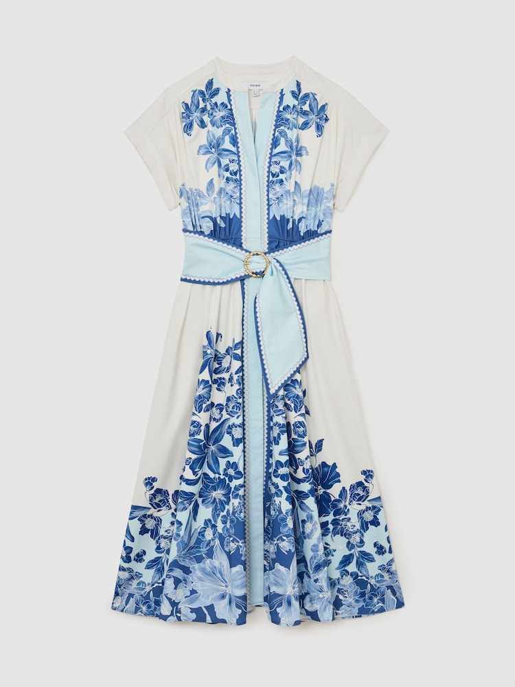 Reiss Blue/Ivory Sawyer Cotton Floral Belted Midi Dress with Stretch - Image 2 of 6
