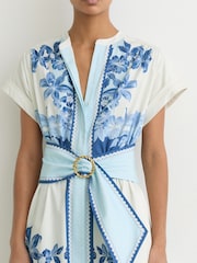 Reiss Blue/Ivory Sawyer Cotton Floral Belted Midi Dress with Stretch - Image 4 of 6