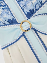 Reiss Blue/Ivory Sawyer Cotton Floral Belted Midi Dress with Stretch - Image 6 of 6