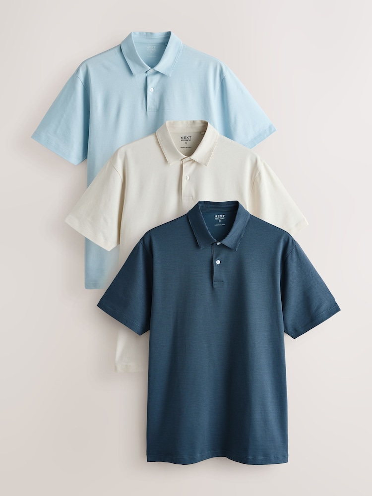 Ecru/Light Blue/Blue Stripe Printed Short Sleeve Jersey Polo Shirts 3 Pack - Image 1 of 9 Ecru/Light Blue/Blue Stripe Printed Short Sleeve Jersey Polo Shirts 3 Pack - Image 1 of 9