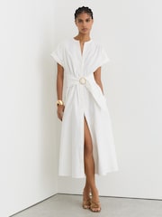 Reiss Ivory Sally Cotton Short-Sleeve Belted Midi Dress with Stretch - Image 1 of 7