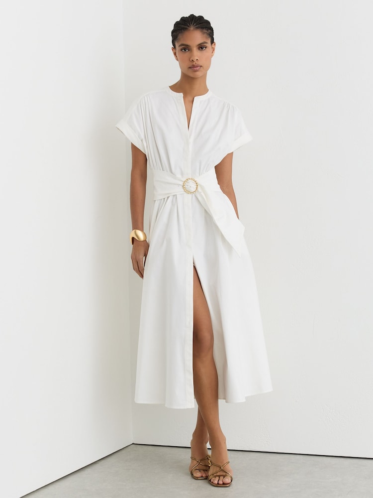 Reiss Ivory Sally Cotton Short-Sleeve Belted Midi Dress with Stretch - Image 1 of 7