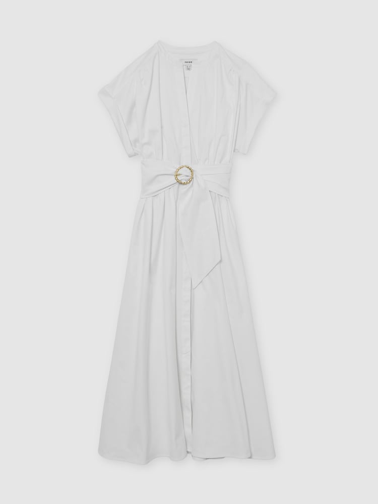 Reiss Ivory Sally Cotton Short-Sleeve Belted Midi Dress with Stretch - Image 2 of 7