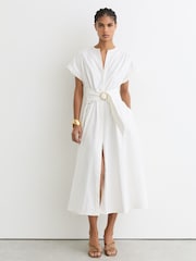 Reiss Ivory Sally Cotton Short-Sleeve Belted Midi Dress with Stretch - Image 5 of 7