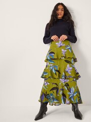 Monsoon Green Sonya Floral Print Frill Midi Skirt - Image 1 of 5