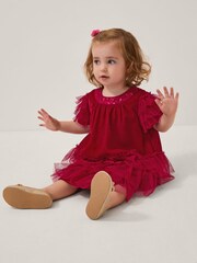 Monsoon Red Baby Alexandra Velvet Ruffle Party Dress - Image 1 of 4