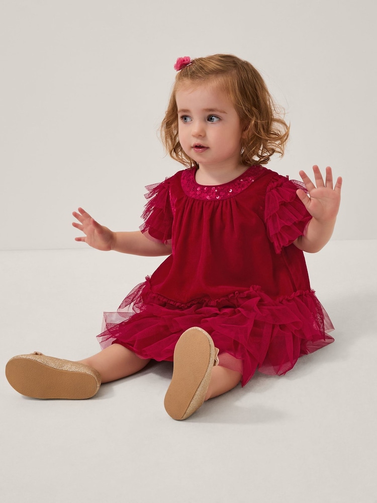 Monsoon Red Baby Alexandra Velvet Ruffle Party Dress - Image 1 of 4 Monsoon Red Baby Alexandra Velvet Ruffle Party Dress - Image 1 of 4