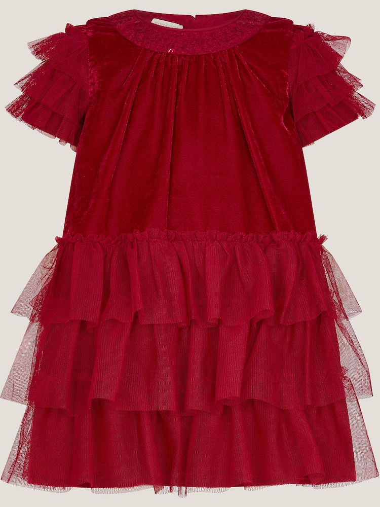 Monsoon Red Baby Alexandra Velvet Ruffle Party Dress - Image 2 of 4 Monsoon Red Baby Alexandra Velvet Ruffle Party Dress - Image 2 of 4