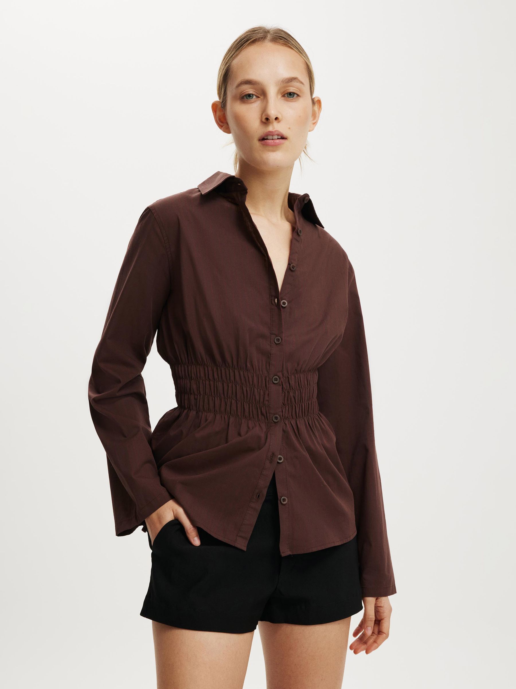 Next：日本 ブラウン - Cotton On ギャザー入り長袖シャツ from Next Japan