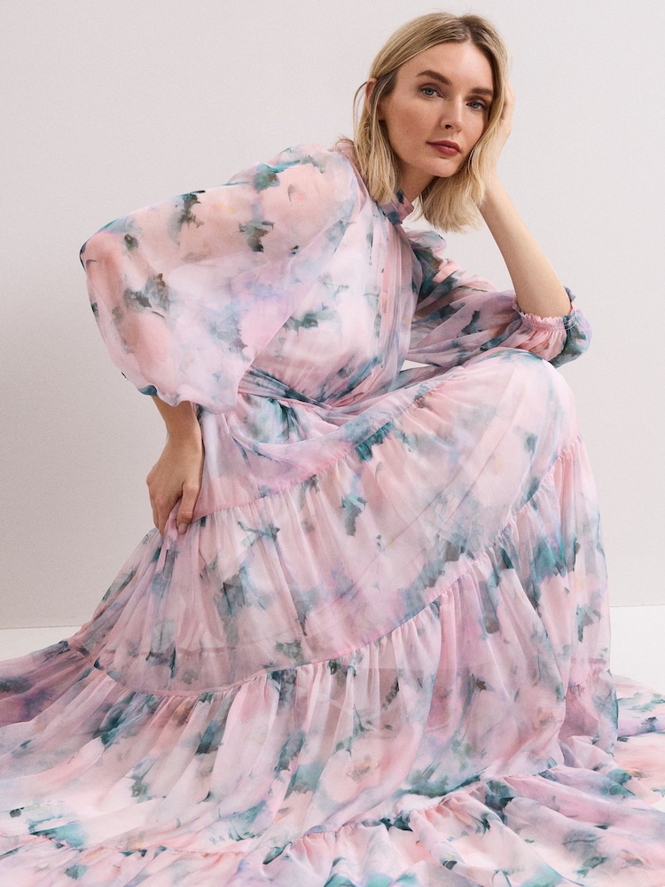 pink silk floral dress Satin Floral Printed Maxi Dress