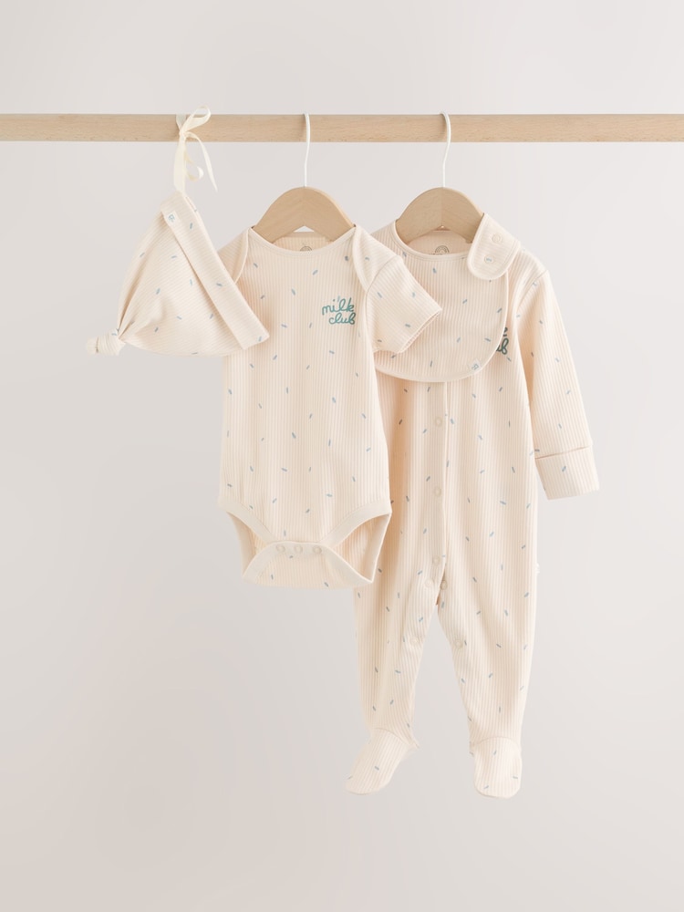 Neutral Milk Club Baby Sleepsuit, Bodysuit, Beanie and Bib Set 4 Piece (0-12mths) - Image 1 of 16 Neutral Milk Club Baby Sleepsuit, Bodysuit, Beanie and Bib Set 4 Piece (0-12mths) - Image 1 of 16