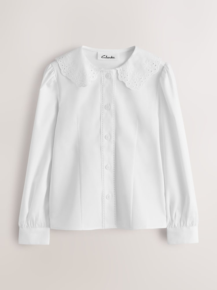 Clarks White White Broderie Collar Long Sleeve School Shirt - Image 1 of 5