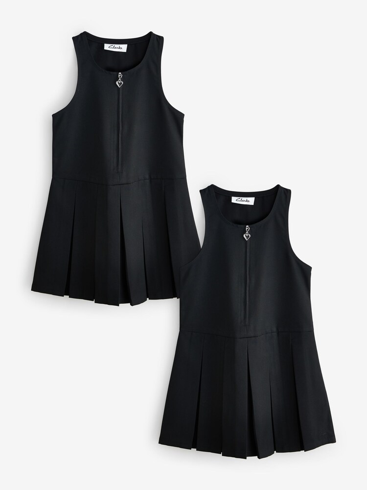 Clarks Black Girls Zip Front Pleated School Pinafores Dresses 2 Pack - Image 1 of 6 Clarks Black Girls Zip Front Pleated School Pinafores Dresses 2 Pack - Image 1 of 6