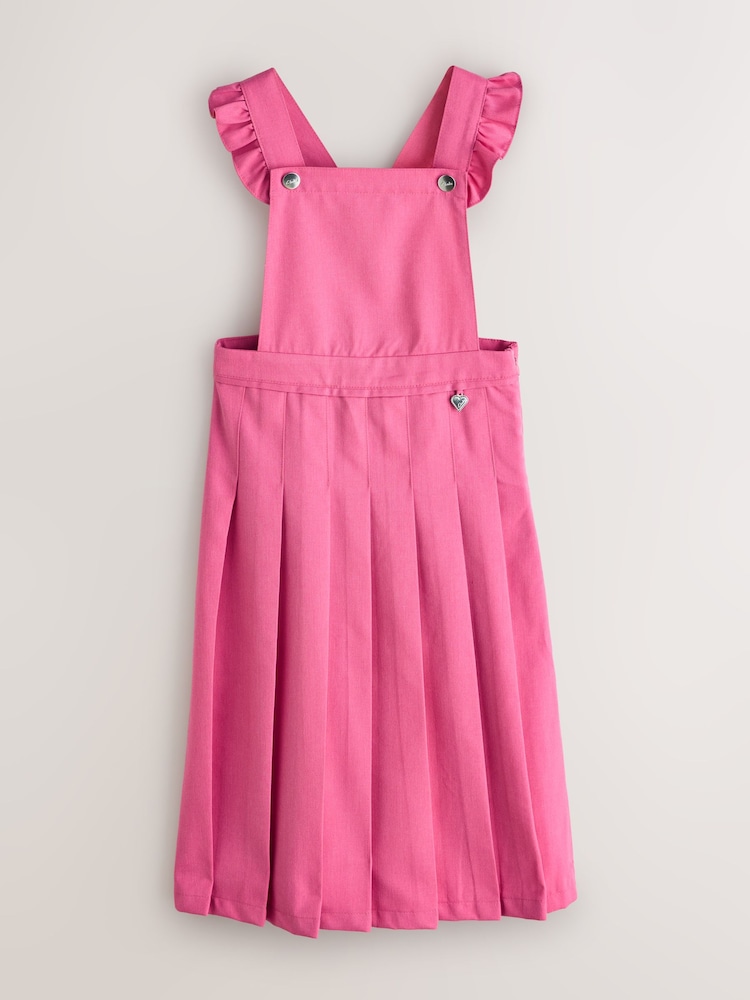 Clarks Pink Frill Shoulder Pleated Midi School Pinafore Dress - Image 1 of 8 Clarks Pink Frill Shoulder Pleated Midi School Pinafore Dress - Image 1 of 8