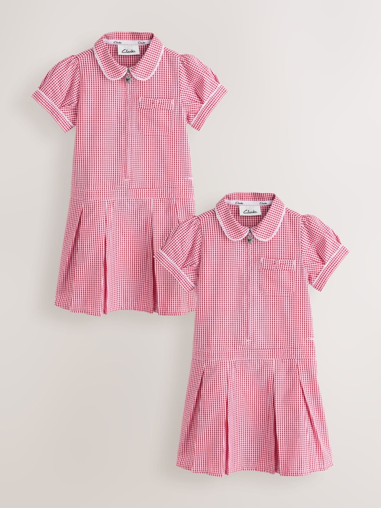 Clarks Red Gingham Zip Front School Dresses 2 Pack - Image 1 of 6 Clarks Red Gingham Zip Front School Dresses 2 Pack - Image 1 of 6