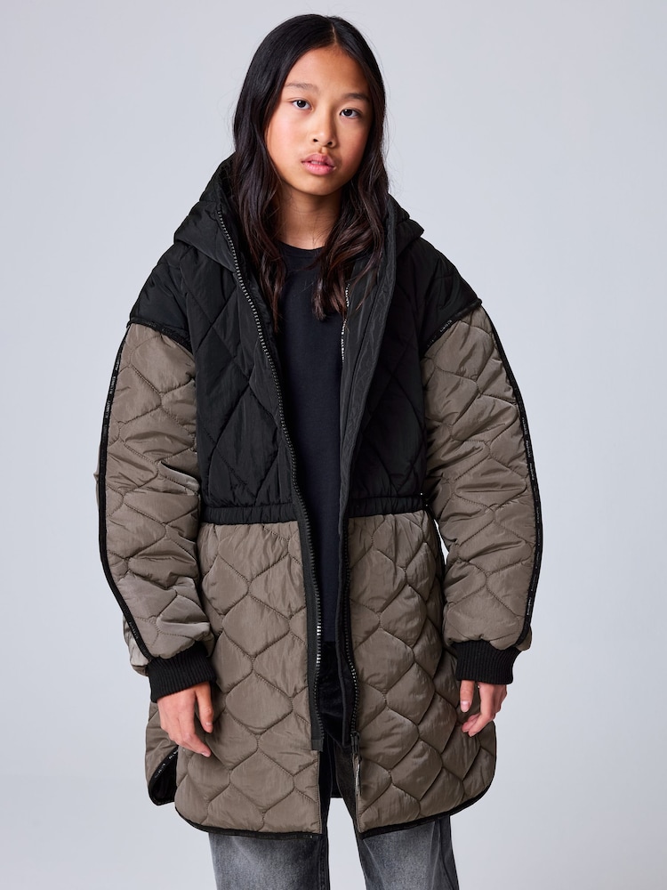 smALLSAINTS Black/Green Longline Quilted Jacket - Image 1 of 16 smALLSAINTS Black/Green Longline Quilted Jacket - Image 1 of 16