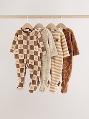 Brown Teddy Bear Micro Fleece Two Way Zip Baby Sleepsuits 4 Pack - Image 1 of 11