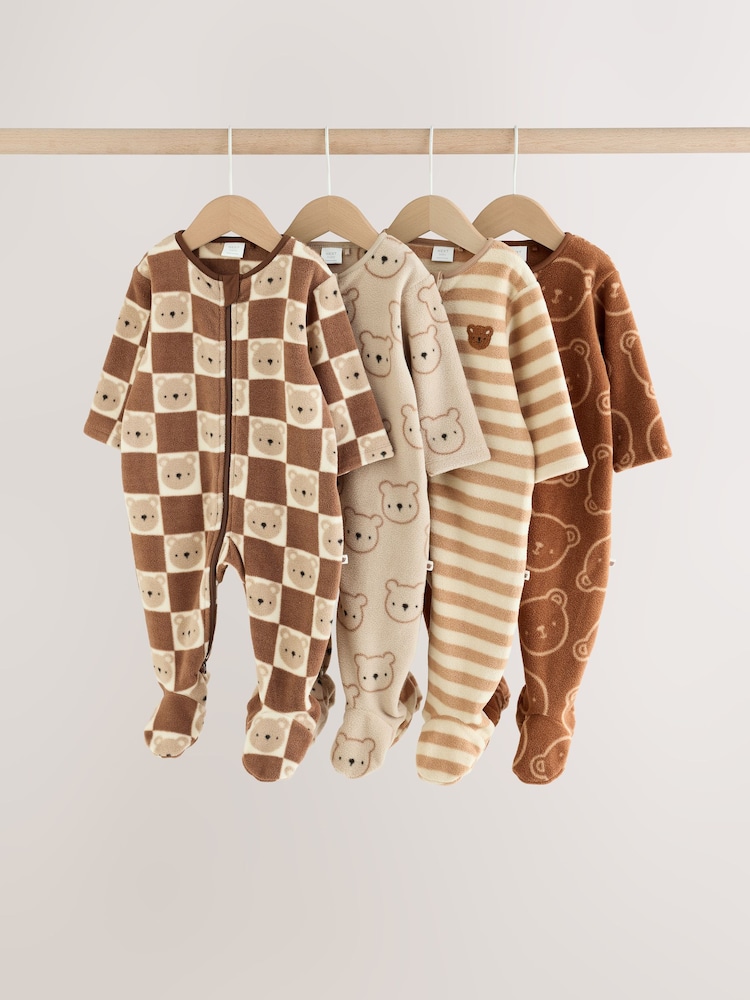 Brown Teddy Bear Micro Fleece Two Way Zip Baby Sleepsuits 4 Pack - Image 1 of 11
