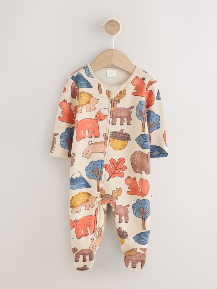 Multi Woodland Animal Fleece Lined Two Way Zip Baby Sleepsuit - Image 1 of 7 Multi Woodland Animal Fleece Lined Two Way Zip Baby Sleepsuit - Image 1 of 7