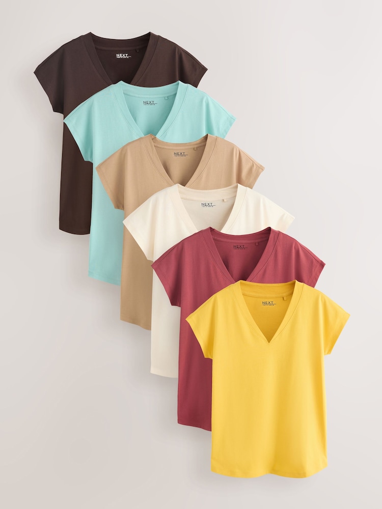 Berry Red/Green/Yellow/Neutral/Black V-Neck Cap Sleeve T-Shirts 5 Pack - Image 1 of 14