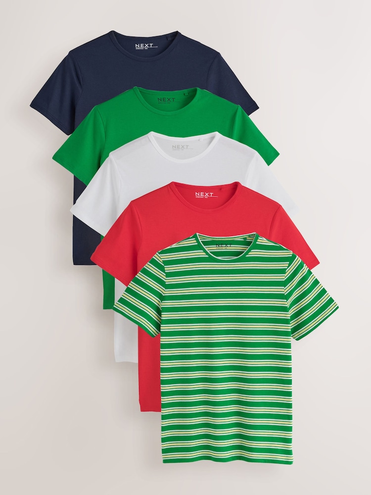 Navy Blue/Red/White/Green/Yellow The Everyday Crew Neck T-Shirt 5 Pack - Image 1 of 13 Navy Blue/Red/White/Green/Yellow The Everyday Crew Neck T-Shirt 5 Pack - Image 1 of 13