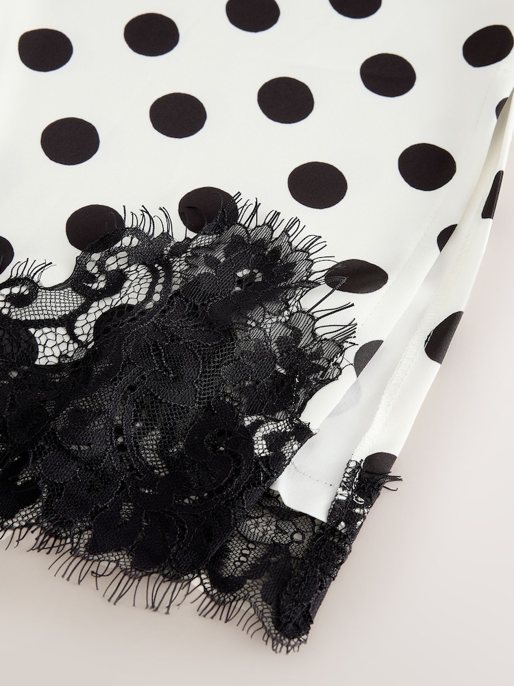 كريم/أسود منقط - Satin Midi Skirt With Lace Trim Skirt - صورة 8 من 8