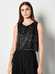 Apricot Black Scallop Beading Crop Shell Top - Image 1 of 4