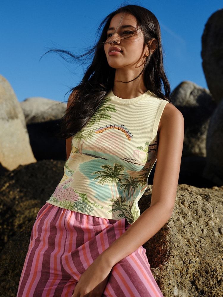 Yellow Multi Scenic Graphic Printed Ribbed Vest Top - Image 1 of 7