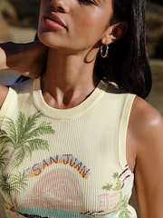 Yellow Multi Scenic Graphic Printed Ribbed Vest Top - Image 4 of 7