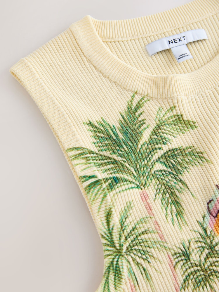 Yellow Multi Scenic Graphic Printed Ribbed Vest Top - Image 7 of 7