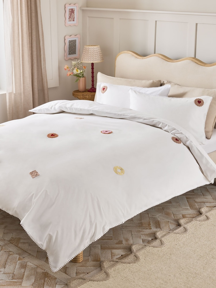 White Crochet Biscuits Cotton Duvet Cover and Pillocase Set - Image 1 of 3