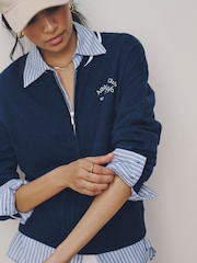 Navy Blue Cotton Rich Soft Touch Embroidered Zip Up Bomber Cardigan - Image 1 of 7