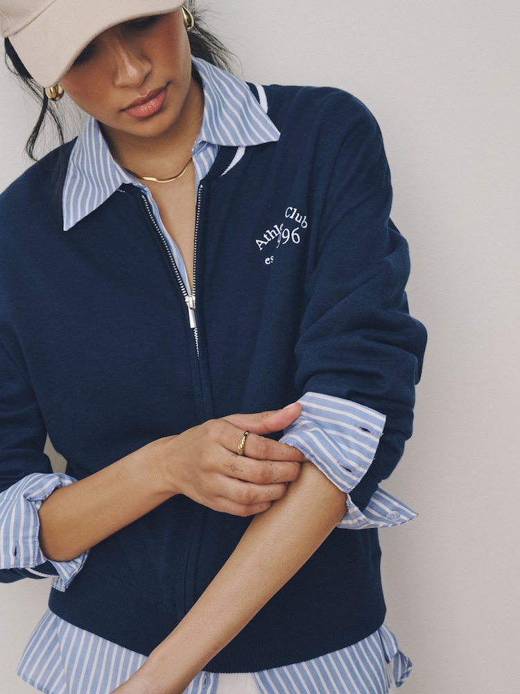 Navy Blue Cotton Rich Soft Touch Embroidered Zip Up Bomber Cardigan - Image 1 of 7