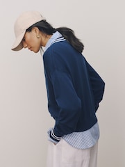 Navy Blue Cotton Rich Soft Touch Embroidered Zip Up Bomber Cardigan - Image 3 of 7