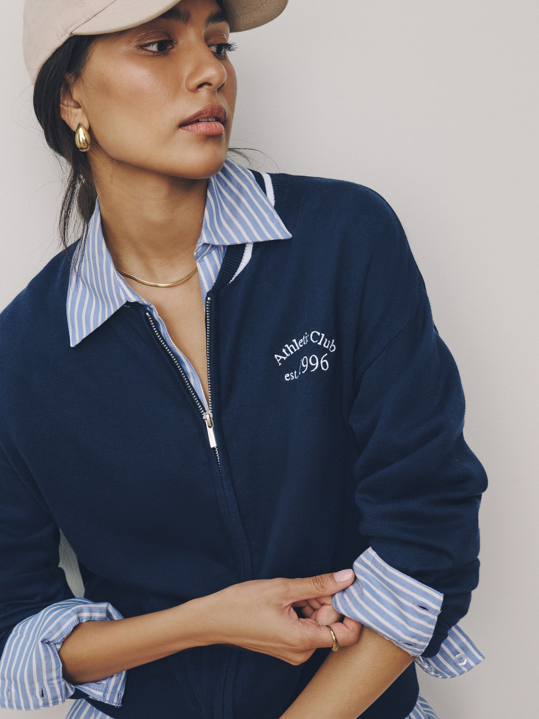Buy Navy Blue Cotton Rich Soft Touch Embroidered Zip Up Bomber