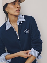 Navy Blue Cotton Rich Soft Touch Embroidered Zip Up Bomber Cardigan - Image 4 of 7