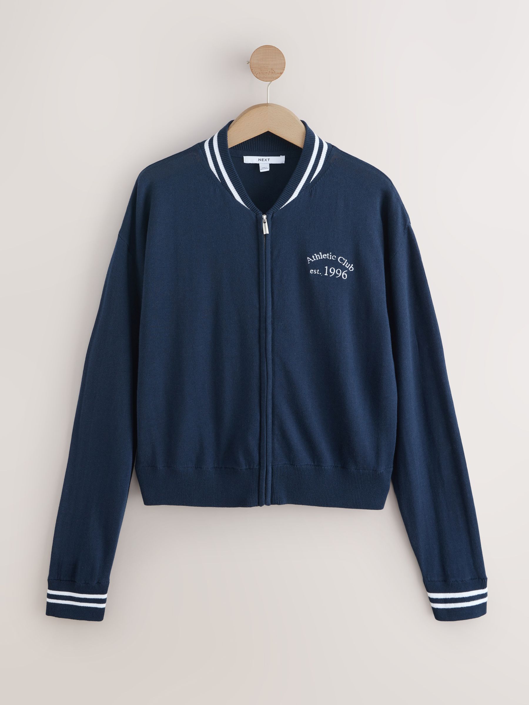 Buy Navy Blue Cotton Rich Soft Touch Embroidered Zip Up Bomber