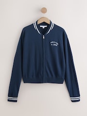 Navy Blue Cotton Rich Soft Touch Embroidered Zip Up Bomber Cardigan - Image 5 of 7