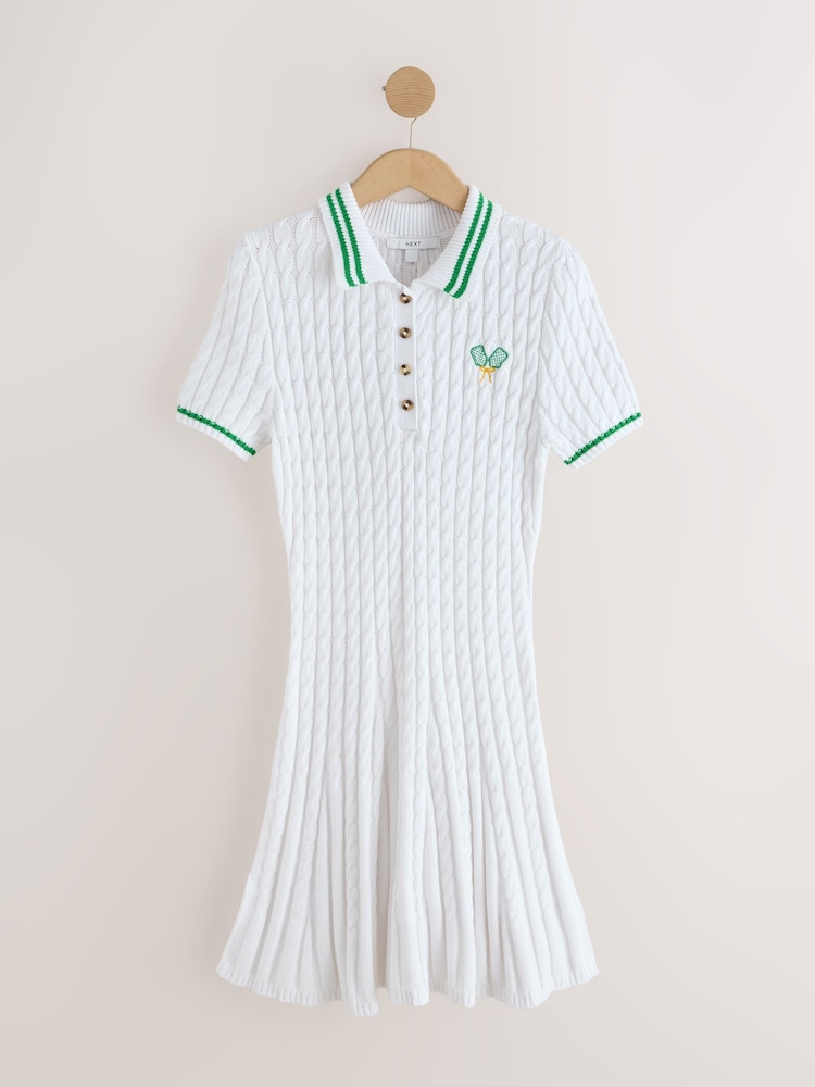 White Tipped Short Sleeve Cable Knit Cotton Mini Dress - Image 1 of 3