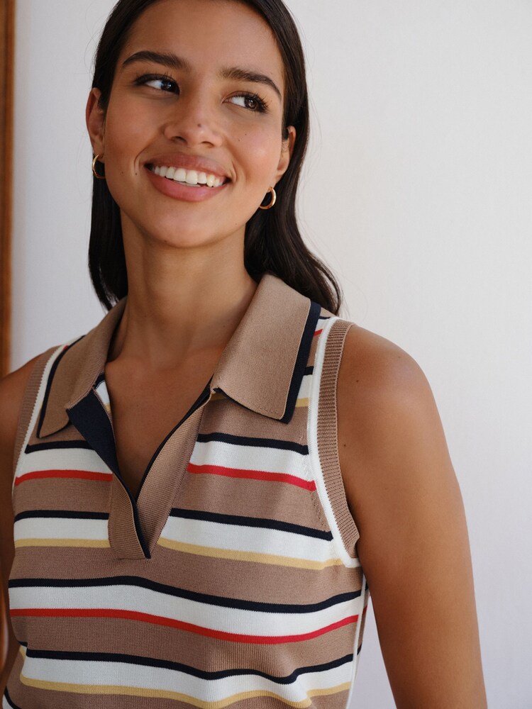 Camel Stripe Smart Knit Sleeveless Polo Top - Image 1 of 3
