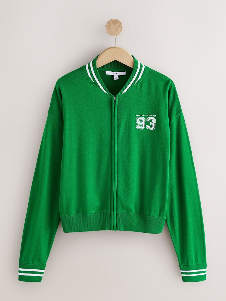 Apple Green Cotton Rich Soft Touch Embroidered Zip Up Bomber Cardigan - Image 1 of 8