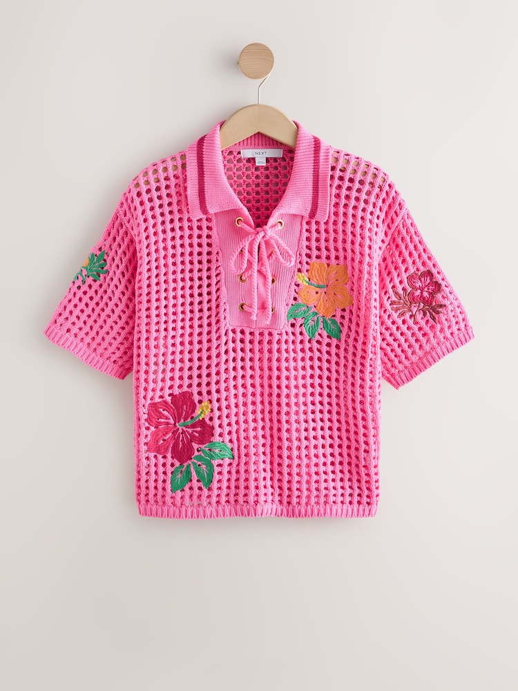 Pink Floral Embroidered Print Cotton Mesh Knit Lace-Up Polo Top - Image 1 of 3