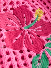 Pink Floral Embroidered Print Cotton Mesh Knit Lace-Up Polo Top - Image 2 of 3