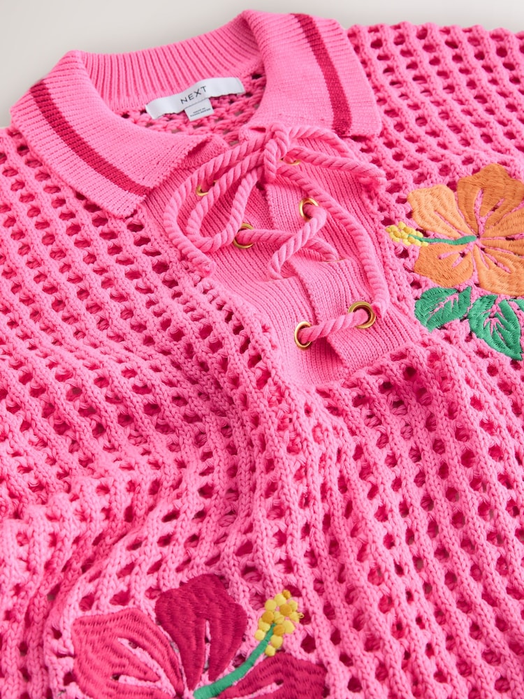 Pink Floral Embroidered Print Cotton Mesh Knit Lace-Up Polo Top - Image 3 of 3
