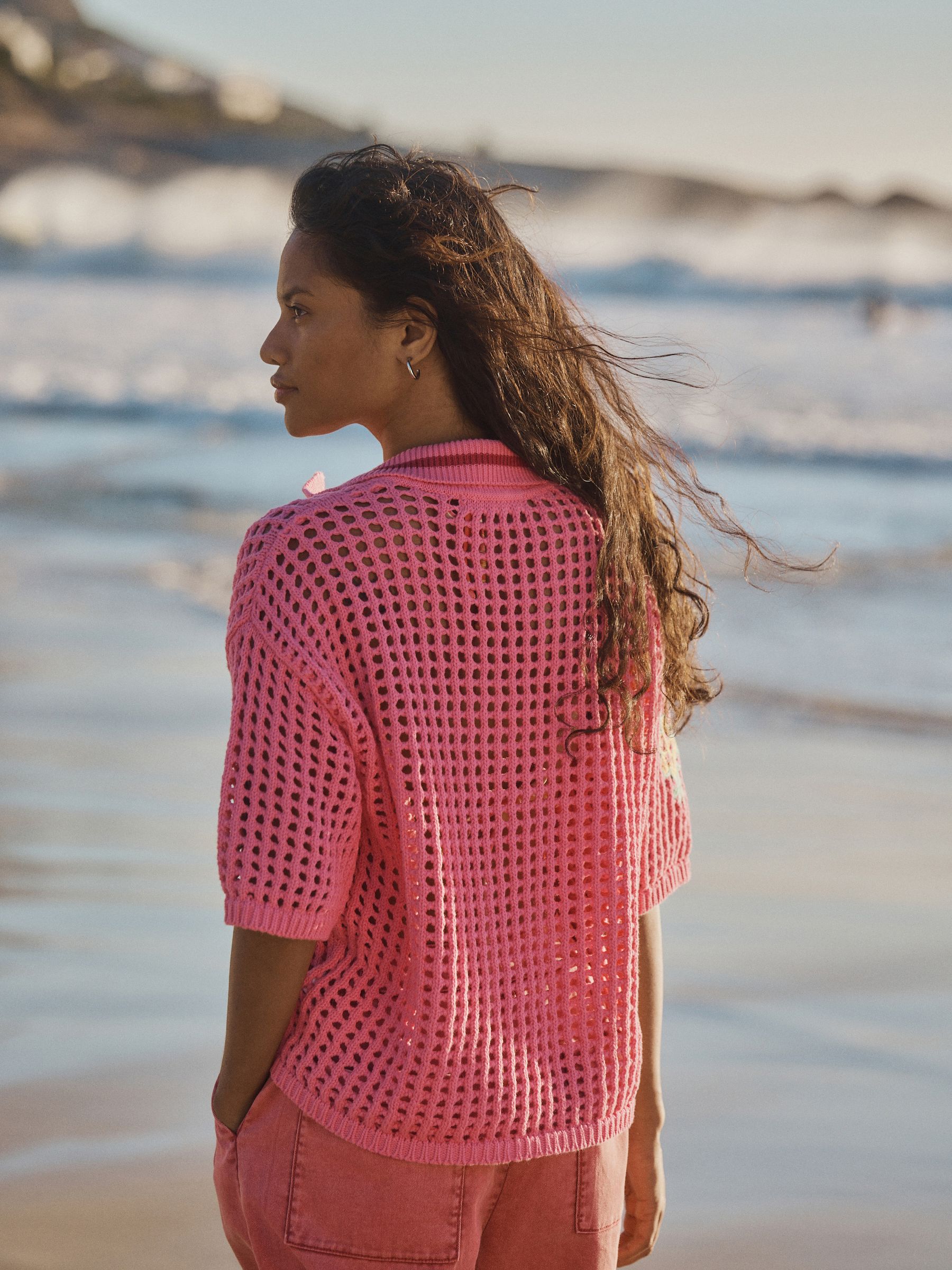 Buy Pink Floral Embroidered Cotton Mesh Knit Lace-Up Polo Top from