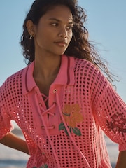 Pink Floral Embroidered Print Cotton Mesh Knit Lace-Up Polo Top - Image 5 of 8